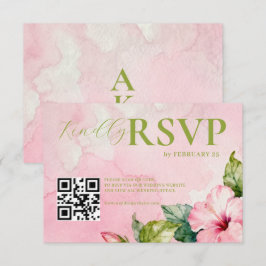Cartão RSVP Pink Green Floral Summer Watercolor QRcode Wedding