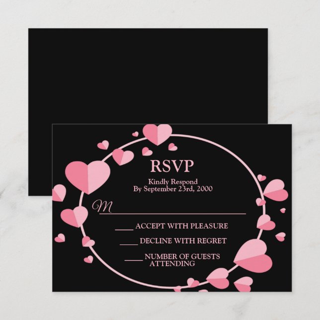 Cartão RSVP Pink Heart Black Geometric Wedding Party Elegant (Frente/Verso)