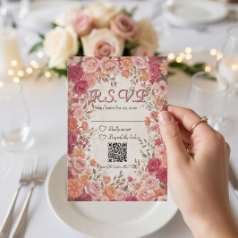 Cartão RSVP Pink & Red Romantic Spring Floral QR Code Wedding