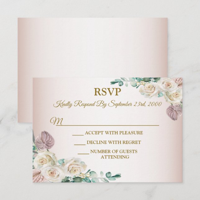 Cartão RSVP Pink Rose Watercolor Greenery Golden Dusty Elegant (Frente/Verso)