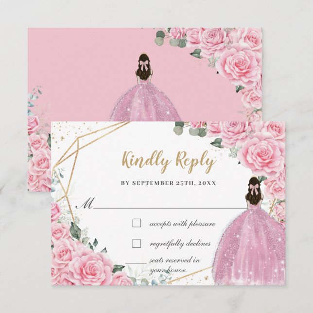 Cartão RSVP Pink Roses Floral Quinceanera Princess Dress Reply (Frente/Verso)