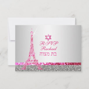 Cartão RSVP PixDezines faux glitter eiffel/bat mitzvah