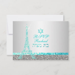 Cartão RSVP PixDezines faux glitter eiffel/bat mitzvah