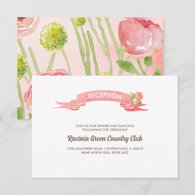 Cartão RSVP Placa de Recepção de casamento de Aquarela de Rosa (Frente/Verso)