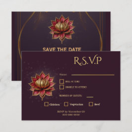 Cartão RSVP Plum Gothic Save the Date Elegante Lótus Dourado