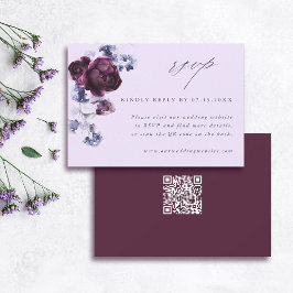Cartão RSVP Plum Purple e Indigo Blue Elegante Código QR Flora