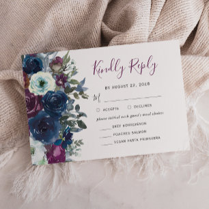 Cartão RSVP Plum Watercolor Marinho Floral Casamento Azul