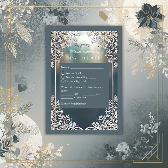 Cartão RSVP poeira azul deco ornamentado quadro (Criador carregado)
