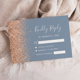 Cartão RSVP Poeira Brilhante de Pêssego Casamento Azul Empoeir