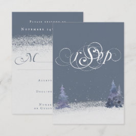 Cartão RSVP Poeira de Madeira Azul e Branco Casamento de Neve 