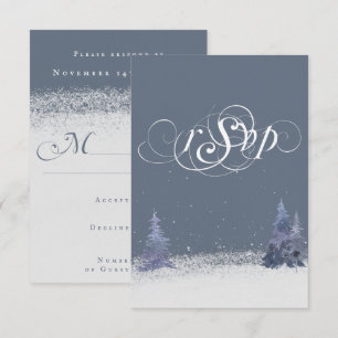 Cartão RSVP Poeira de Madeira Azul e Branco Casamento de Neve