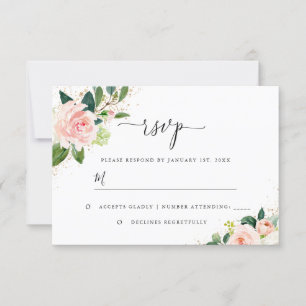 Cartão RSVP Poeira de Ouro Bege de Pêssego Floral Aquarela Cas