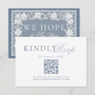 Cartão RSVP Poeira de Renda Azul Casamento Old Money QR Code R