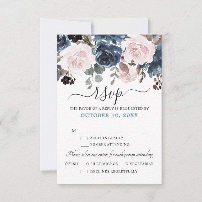 Cartão RSVP Poético Rosa Floral Botânico Casamento Azul Empoei (Frente)