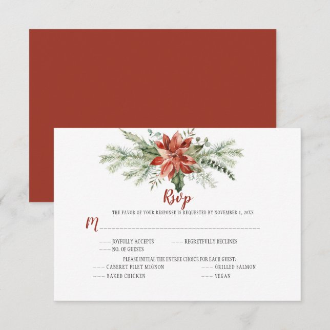 Cartão RSVP Poinsétia Vermelha Elegante Natal Sempre-verde Res (Frente/Verso)