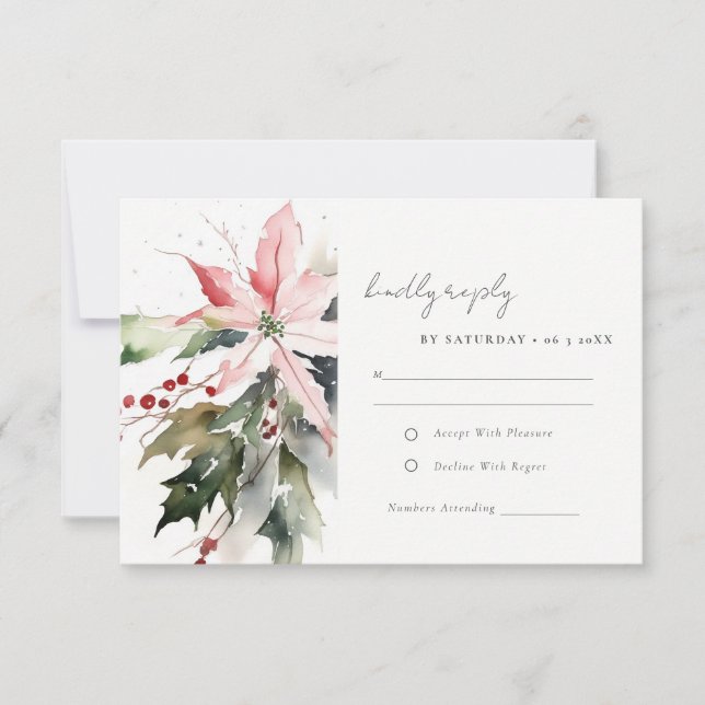 Cartão RSVP Poinsettia Berries Foliage Watercolor Casamento (Frente)