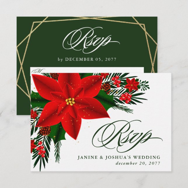 Cartão RSVP Poinsettia Vermelha Folhagem de Pinheiro Natal Cas (Frente/Verso)