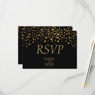 Cartão RSVP Pontos de Confetti Pretos e Dourados