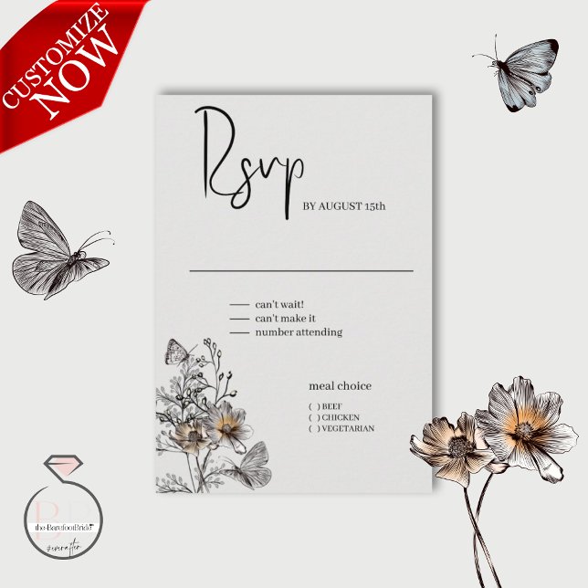 Cartão RSVP Poppies Terracotta de Linha Mínima (Easy to customize)