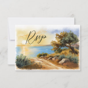 Cartão RSVP Pôr do sol aquarela da costa Mediterrâneo código Q