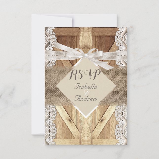 Cartão RSVP Porta de Casamento Rústico Bege Branco com Renda d (Frente)
