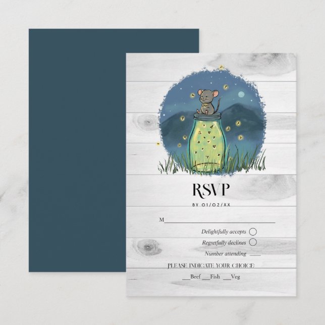 Cartão RSVP Pote de Pedra com Rato Rústico e Vaga-Lume (Frente/Verso)