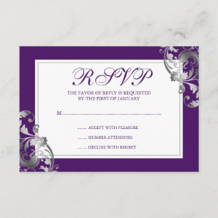 Cartão RSVP Prata do falso e redemoinho roxo do Flourish que