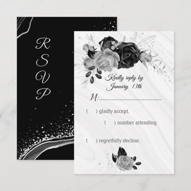 Cartão RSVP Prata elegante e flores pretas (Frente/Verso)