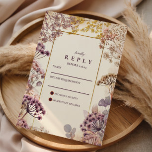 Cartão RSVP Prensa de Flor Botânica Malva Elegante Casamento