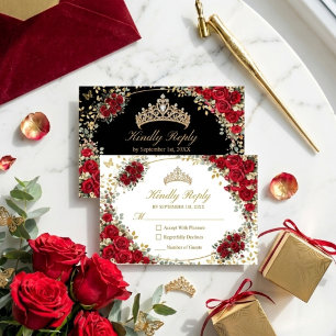 Cartão RSVP Preta e Vermelha Borboleta Dourada Quinceañera