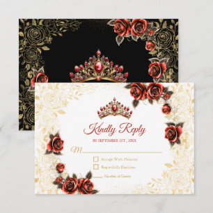 Cartão RSVP Preta e Vermelha Tiara Dourada Floral Rosa Quincea