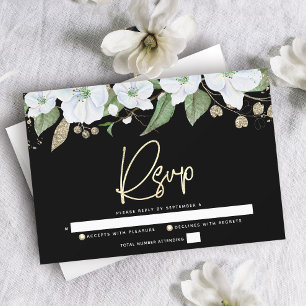 Cartão RSVP Preto Bat Mitzvah Dourado Script Floral Watercolor