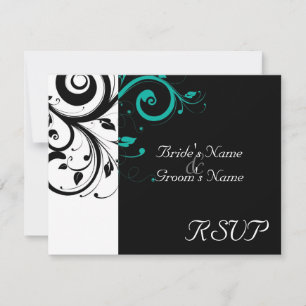 Cartão RSVP Preto +Branco Aqua Swirl Casamento Correspondente 