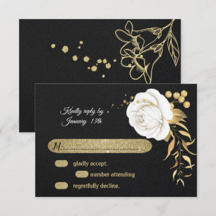 cartão RSVP preto branco de ouro floral
