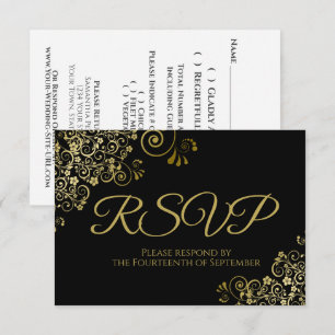 Cartão RSVP Preto Clássico com Casamento Dourado Elegante