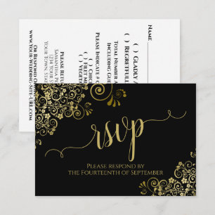 Cartão RSVP Preto com Casamento Elegante de Lace Dourado