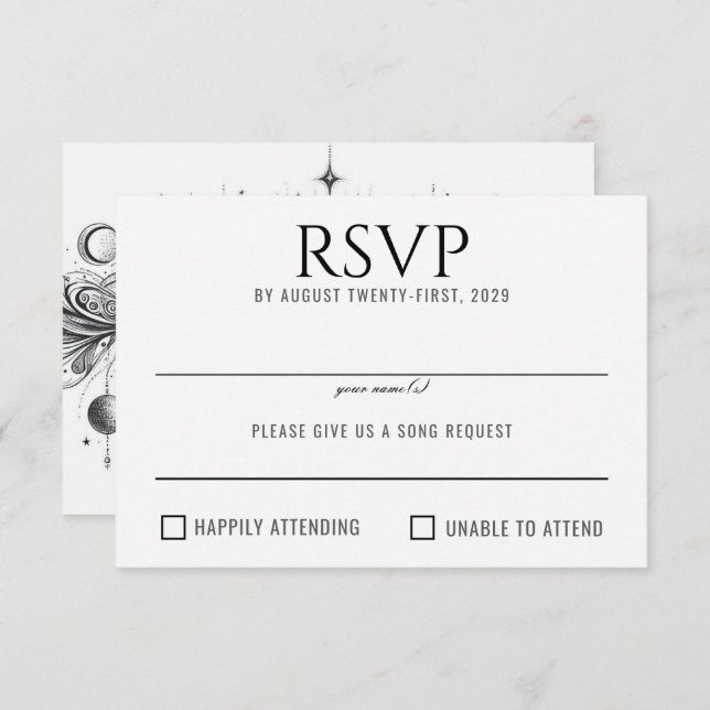 Cartão RSVP Preto e Branco Celestial (Frente/Verso)