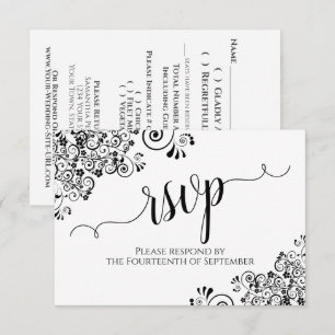 Cartão RSVP Preto e Branco Elegante Caligrafia de Casamento co
