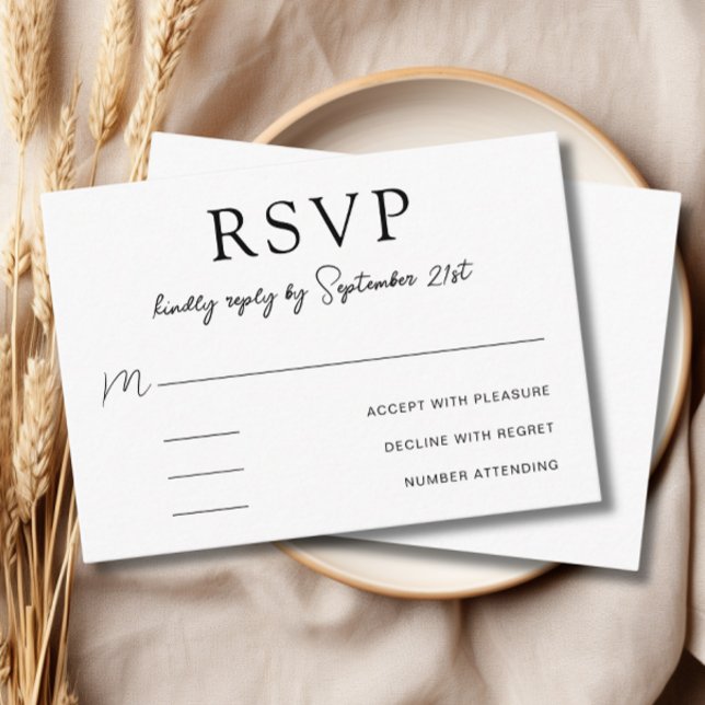 Cartão RSVP Preto e branco minimalista elegante (Elegant Simple Minimalist Black and White RSVP Card)