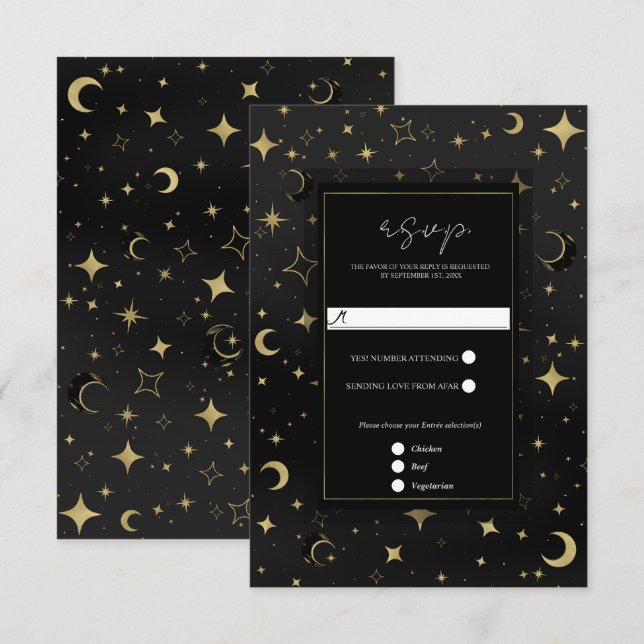 Cartão RSVP Preto e Dourado Lua Celestial Estrelas Casamento R (Frente/Verso)