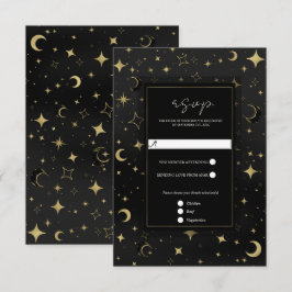 Cartão RSVP Preto e Dourado Lua Celestial Estrelas Casamento R
