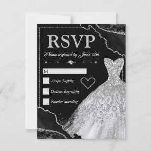 Cartão RSVP Preto e Prata Ágata e Branco Vestido Sweet 16