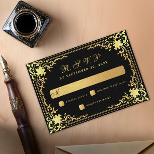 Cartão RSVP Preto Elegante Vintage Folha Dourada Falsa Noiva