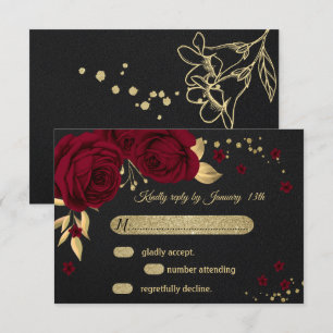 Cartão RSVP preto floral de ouro burguês