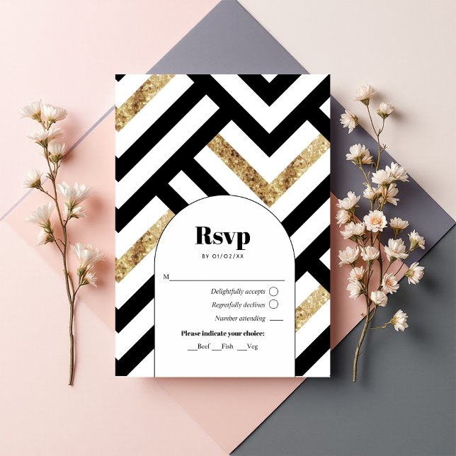 Cartão RSVP Preto Geométrico Moderno e Dourado (Modern Geometric Black and Gold RSVP Card)