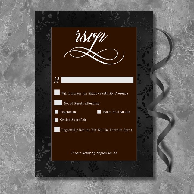 Cartão RSVP Preto-Gótico Escuro Satin Damask Brown (Criador carregado)