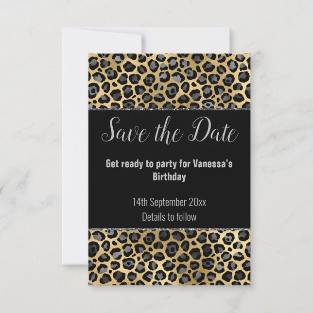 CARTÃO RSVP PRETO PRATEADO BRILHANTE LEOPARDO SALVE A DATA  (Frente)