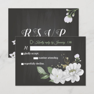 cartão RSVP preto verde flores brancas