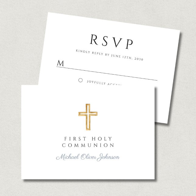 Cartão RSVP Primeira Comunhão de Dusty Blue Religerian Cross B (Dusty Blue Religious Cross Boy First Communion RSVP Card)