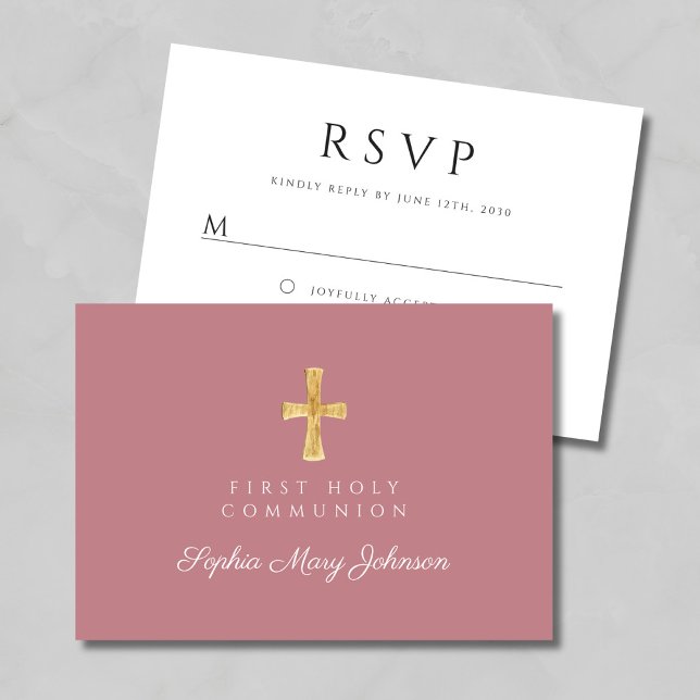 Cartão RSVP Primeira Comunhão de Garota Religiosa Rosa Dusty (Dusty Pink Religious Cross Girl First Communion RSVP Card)